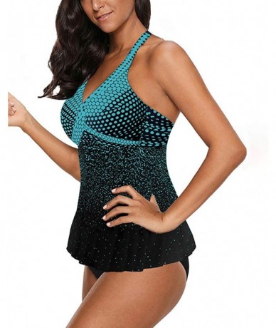 Tankinis Womens Halter Swimdress 2 Piece Swimsuit Tankini Set Tummy Control Bathing Suit - B-turquoise - C7199CUN8O4 $50.21