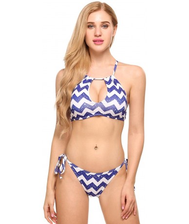 Sets Women's Sexy Forest Leaves Printing High Neck Halter Bikini Set Swimsuit - 5473_white - C818280DRDH $36.48