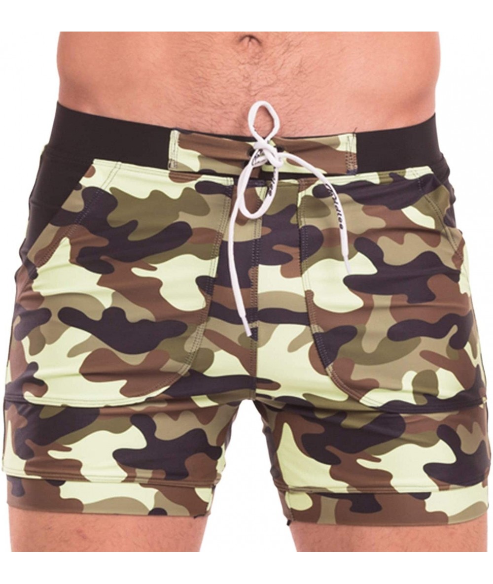 Board Shorts Swimwear Men Basic Long Swimming Trunk Surf Camo Shorts Swimsuits Pocket - Green - CN18HQ5IE94 $64.17