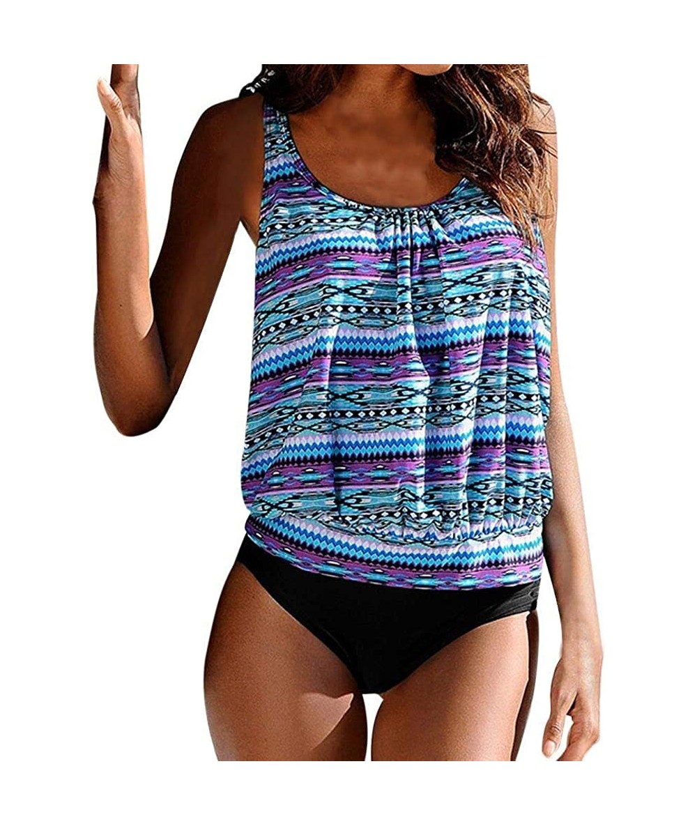 Sets Blouson Tankini Swimwear-Tank Top Retro Polka Dot Printed Swimsuit Loose Fit 2 Piece Bathing Suit - Blue - CE190WR090W $...