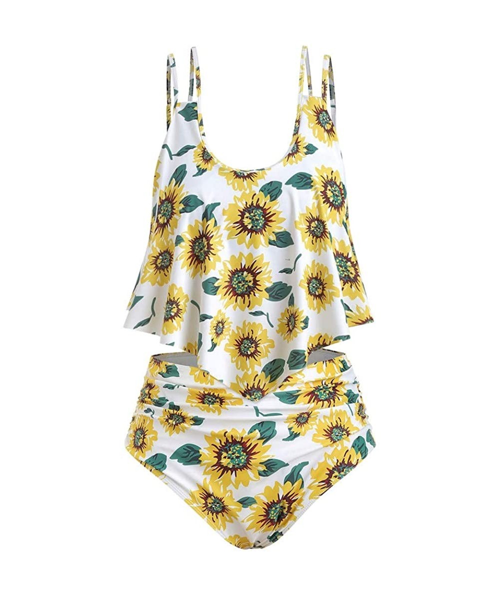 Tankinis Swimsuits for Women Two Pieces Bathing Suits Top Ruffled High Waisted Swimwear Sunflower Print Bottom Tankini Set - ...