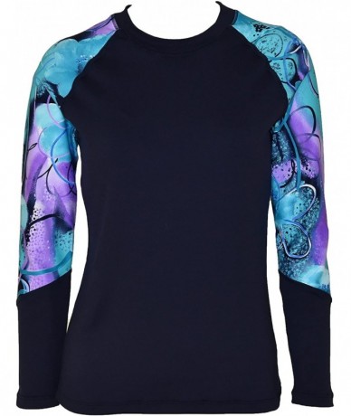 Rash Guards Women Shorewalk Plus Size UPF 50+ Swim Long Sleeve Top Rash Guard - Navy With Jade Violet - CN18ULHKZ30 $51.59