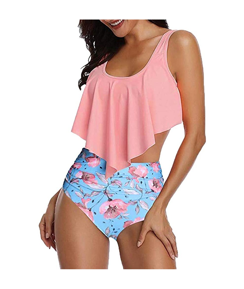 Sets Swimsuit for Women Two Piece Sexy Backless Halter Swimwear Printed High Waisted Bikini Set - Pink - CL195LUYXS0 $26.71