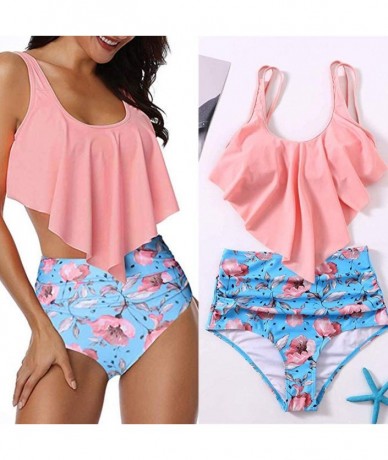 Sets Swimsuit for Women Two Piece Sexy Backless Halter Swimwear Printed High Waisted Bikini Set - Pink - CL195LUYXS0 $26.71