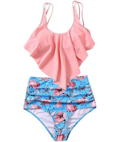 Sets Swimsuit for Women Two Piece Sexy Backless Halter Swimwear Printed High Waisted Bikini Set - Pink - CL195LUYXS0 $26.71