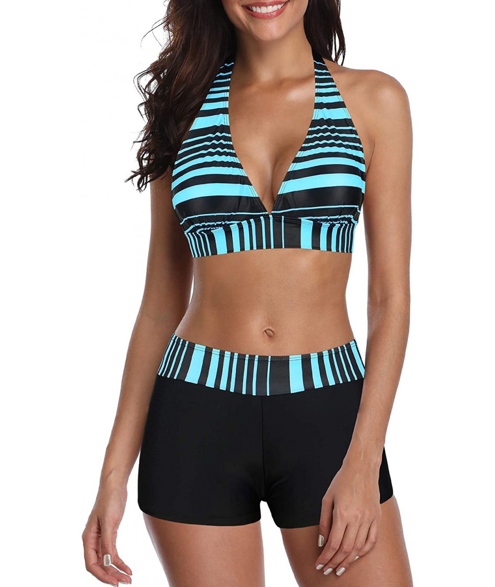 Racing Bikini Swimsuit for Women Two Piece Swimsuits Halter Bikini Set with Boyshort Athletic Bathing Suit Blue Black Stripe ...