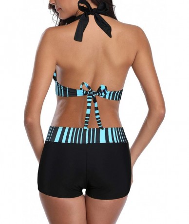 Racing Bikini Swimsuit for Women Two Piece Swimsuits Halter Bikini Set with Boyshort Athletic Bathing Suit Blue Black Stripe ...