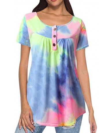 Cover-Ups Plus Size Women's Flowy Tops Shirt Summer Casual Tie-Dye Short Sleeve Button V-Neck Loose Blouse Tunic - Blue - CO1...