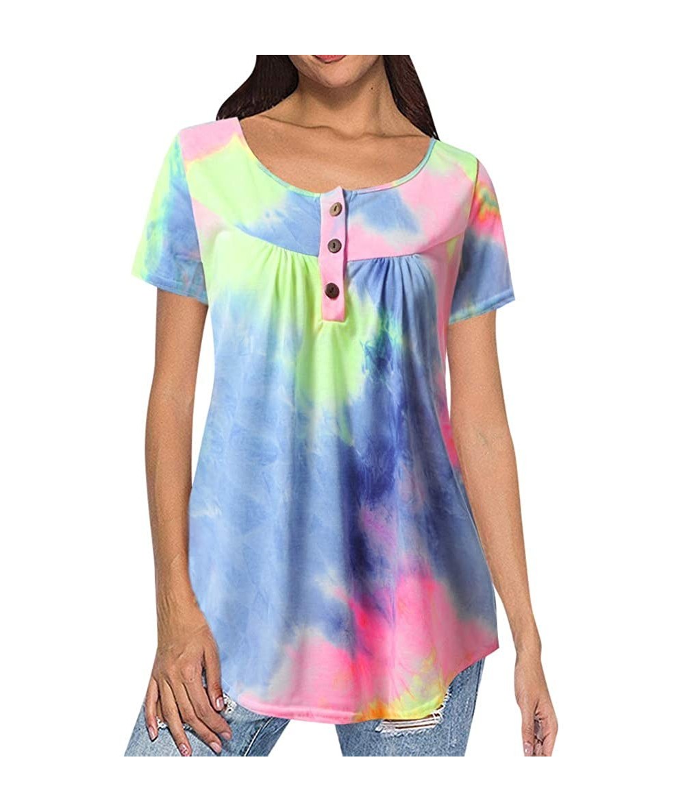 Cover-Ups Plus Size Women's Flowy Tops Shirt Summer Casual Tie-Dye Short Sleeve Button V-Neck Loose Blouse Tunic - Blue - CO1...