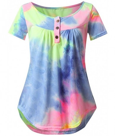 Cover-Ups Plus Size Women's Flowy Tops Shirt Summer Casual Tie-Dye Short Sleeve Button V-Neck Loose Blouse Tunic - Blue - CO1...