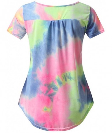 Cover-Ups Plus Size Women's Flowy Tops Shirt Summer Casual Tie-Dye Short Sleeve Button V-Neck Loose Blouse Tunic - Blue - CO1...