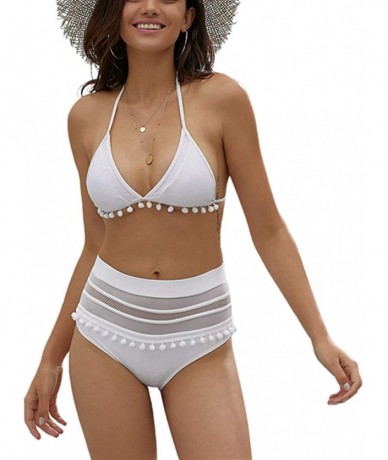 Sets Womens High Waist Two Pieces Bikini Set Padded Stripe Tassel Swimsuit - White - CG18Q73DRLY $47.18