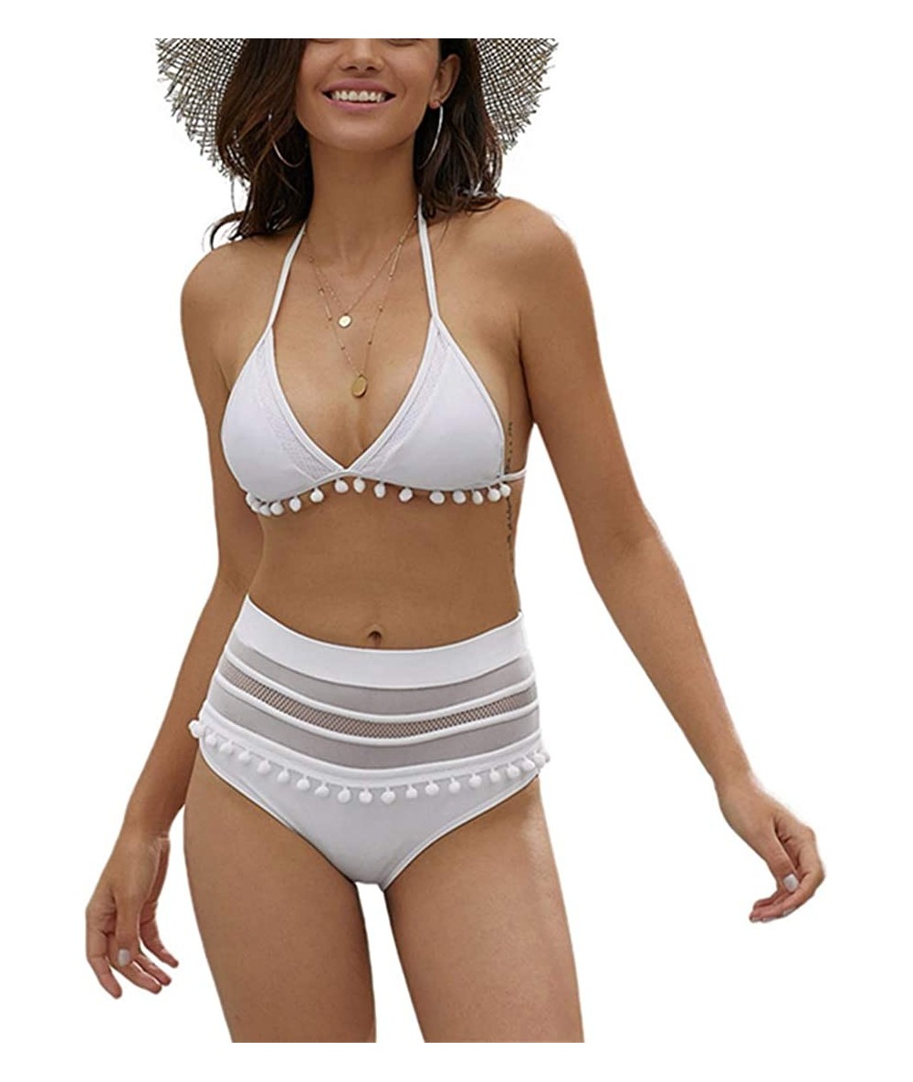 Sets Womens High Waist Two Pieces Bikini Set Padded Stripe Tassel Swimsuit - White - CG18Q73DRLY $47.18