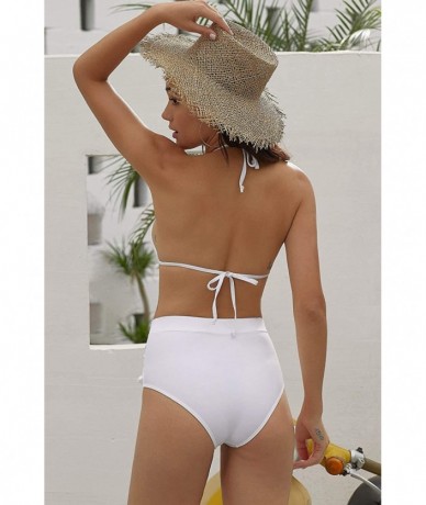 Sets Womens High Waist Two Pieces Bikini Set Padded Stripe Tassel Swimsuit - White - CG18Q73DRLY $47.18