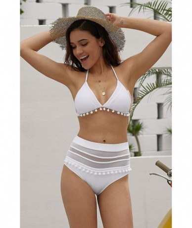 Sets Womens High Waist Two Pieces Bikini Set Padded Stripe Tassel Swimsuit - White - CG18Q73DRLY $47.18