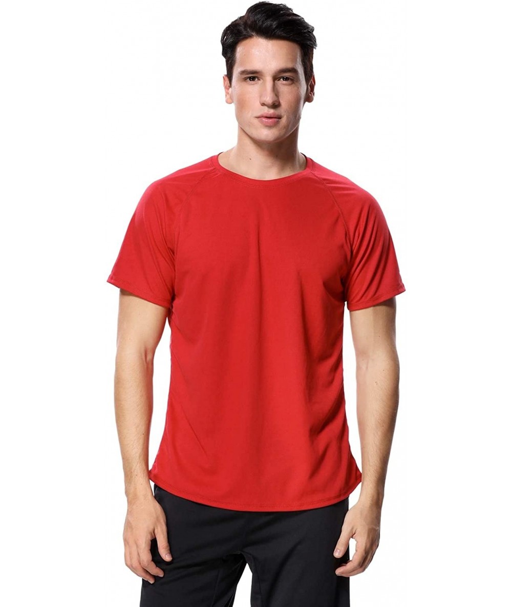 Rash Guards Men's UPF 50+ Rash Guard Short Sleeve Swim Shirts Sun Protection Swim Top - Red - CC18CG87EEC $25.63