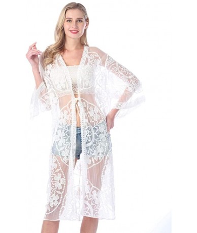 Cover-Ups Women's Beach Cover up Swimsuit Kimono Cardigan with Vintage Floral Print - White - CJ18SL77GWW $31.19