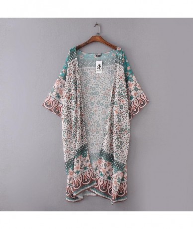 Cover-Ups Women Summer Boho Floral Chiffon Kimono Cardigan Beachwear Cover up Wrap Shawl Blouse Tops - Green - CB18DK08QAX $3...