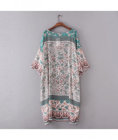 Cover-Ups Women Summer Boho Floral Chiffon Kimono Cardigan Beachwear Cover up Wrap Shawl Blouse Tops - Green - CB18DK08QAX $3...