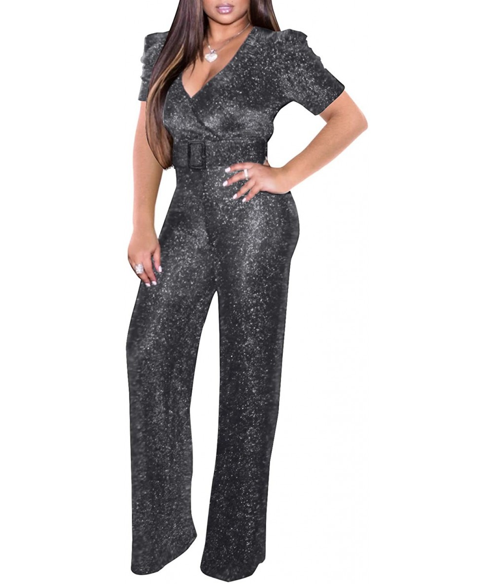 Cover-Ups Women's Sexy Sparkly Jumpsuits Clubwear Long Sleeve Elegant Party Rompers High Waisted Wide Leg Pants - Silver-1 - ...