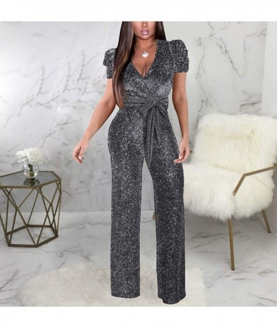 Cover-Ups Women's Sexy Sparkly Jumpsuits Clubwear Long Sleeve Elegant Party Rompers High Waisted Wide Leg Pants - Silver-1 - ...