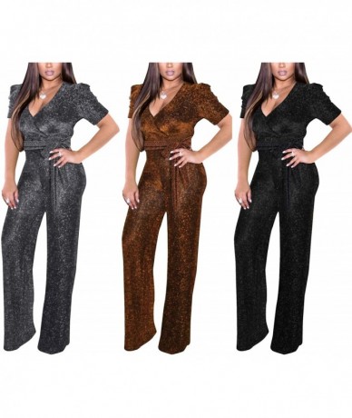 Cover-Ups Women's Sexy Sparkly Jumpsuits Clubwear Long Sleeve Elegant Party Rompers High Waisted Wide Leg Pants - Silver-1 - ...