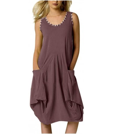 Cover-Ups 2020 New Women's Round Neck Sleeveless Solid Loose Knee Length Shift Dress with Two Big Pockets - [011]brown - CF19...