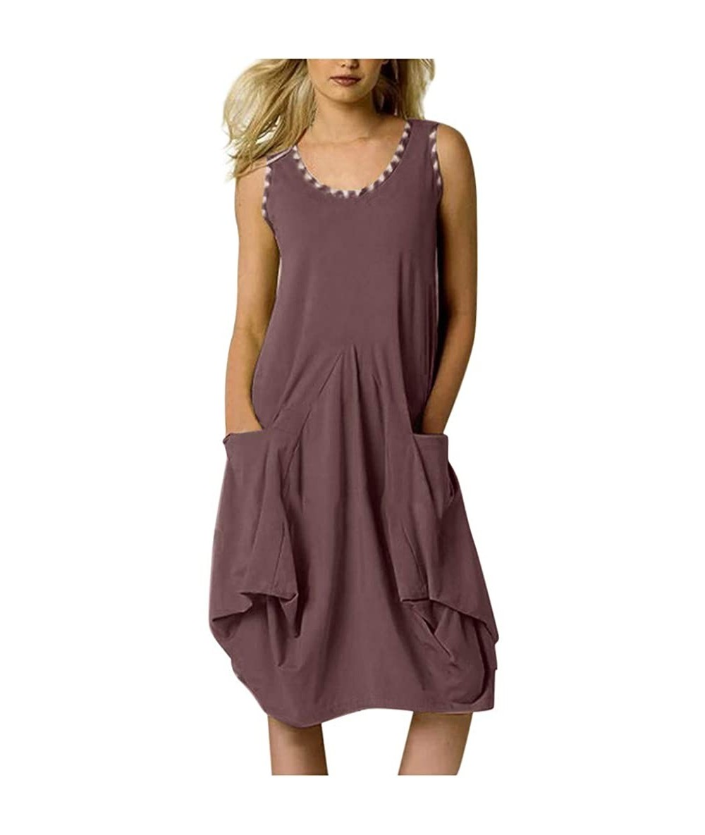 Cover-Ups 2020 New Women's Round Neck Sleeveless Solid Loose Knee Length Shift Dress with Two Big Pockets - [011]brown - CF19...