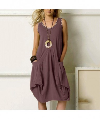 Cover-Ups 2020 New Women's Round Neck Sleeveless Solid Loose Knee Length Shift Dress with Two Big Pockets - [011]brown - CF19...