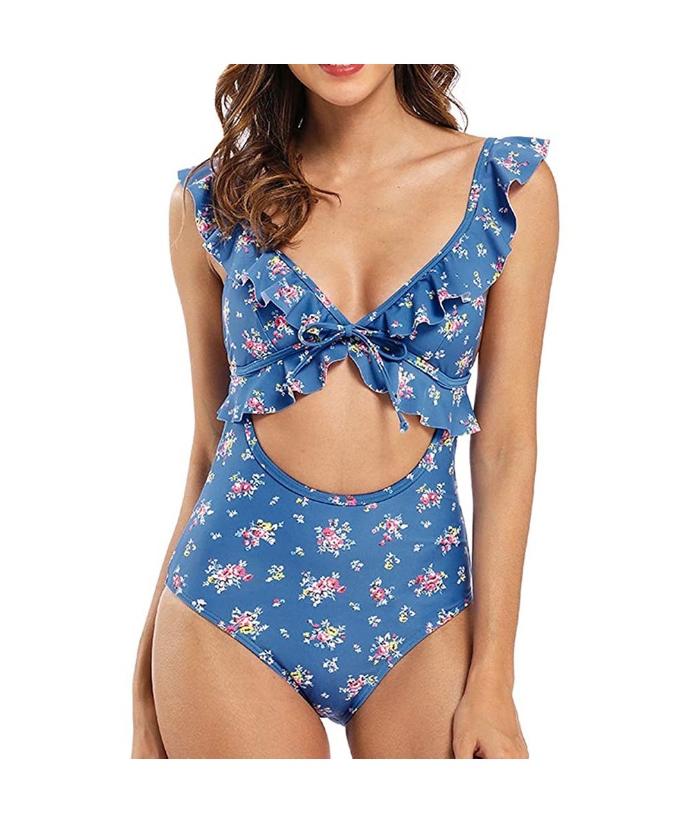 One-Pieces Women's Cut Out Ruffled One Piece Swimwear Bathing Suit Floral Fuller Bust Swimsuit Monokini - Blue Floral - CE192...