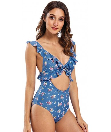 One-Pieces Women's Cut Out Ruffled One Piece Swimwear Bathing Suit Floral Fuller Bust Swimsuit Monokini - Blue Floral - CE192...