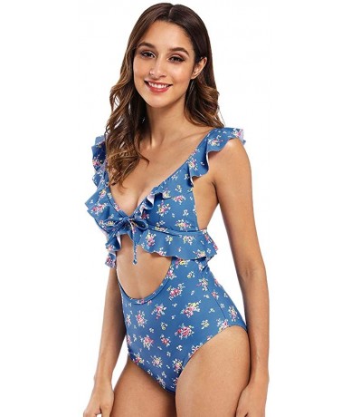 One-Pieces Women's Cut Out Ruffled One Piece Swimwear Bathing Suit Floral Fuller Bust Swimsuit Monokini - Blue Floral - CE192...