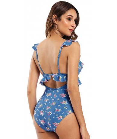 One-Pieces Women's Cut Out Ruffled One Piece Swimwear Bathing Suit Floral Fuller Bust Swimsuit Monokini - Blue Floral - CE192...