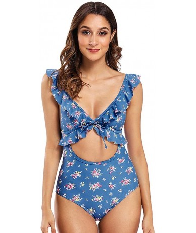 One-Pieces Women's Cut Out Ruffled One Piece Swimwear Bathing Suit Floral Fuller Bust Swimsuit Monokini - Blue Floral - CE192...