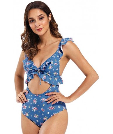 One-Pieces Women's Cut Out Ruffled One Piece Swimwear Bathing Suit Floral Fuller Bust Swimsuit Monokini - Blue Floral - CE192...