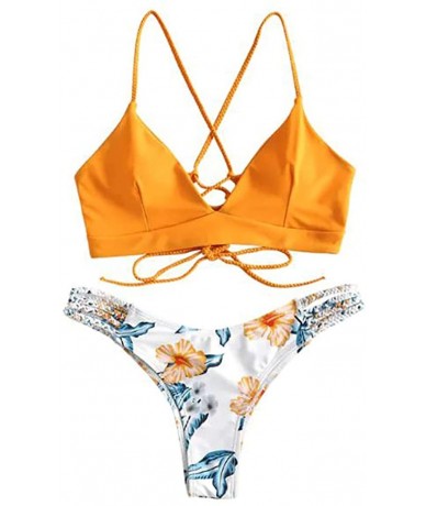 Sets Two Pieces Cross Sexy Bikini Bandage Leaf Printed Split Bathing Suits Swimwear Beachwear Set - 01 Orange - CL196LXXYAK $...