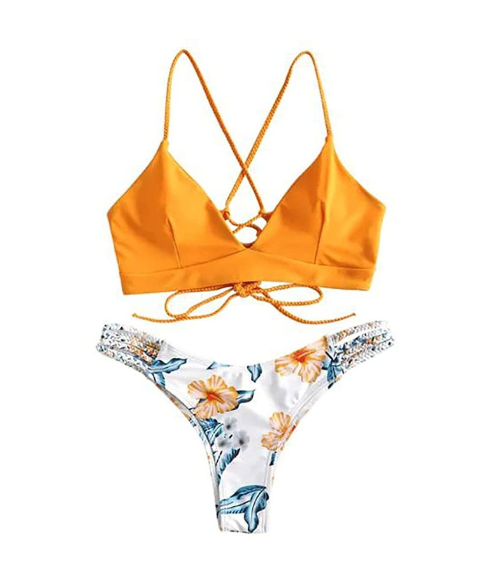 Sets Two Pieces Cross Sexy Bikini Bandage Leaf Printed Split Bathing Suits Swimwear Beachwear Set - 01 Orange - CL196LXXYAK $...