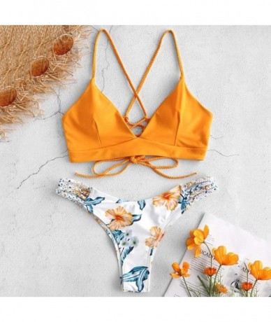 Sets Two Pieces Cross Sexy Bikini Bandage Leaf Printed Split Bathing Suits Swimwear Beachwear Set - 01 Orange - CL196LXXYAK $...