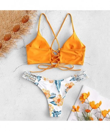 Sets Two Pieces Cross Sexy Bikini Bandage Leaf Printed Split Bathing Suits Swimwear Beachwear Set - 01 Orange - CL196LXXYAK $...