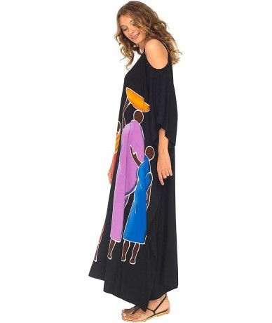 Cover-Ups Womens Kaftan Maxi Dress Cold Shoulder Casual Long Beach Cover Up Plus Size Caftan - Nomad Black - CJ18EZWQCC6 $74.84