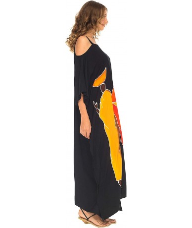 Cover-Ups Womens Kaftan Maxi Dress Cold Shoulder Casual Long Beach Cover Up Plus Size Caftan - Nomad Black - CJ18EZWQCC6 $74.84