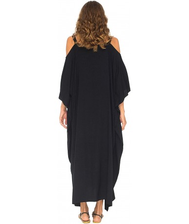 Cover-Ups Womens Kaftan Maxi Dress Cold Shoulder Casual Long Beach Cover Up Plus Size Caftan - Nomad Black - CJ18EZWQCC6 $74.84