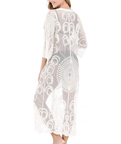 Cover-Ups Women's Sexy V Neck Half Sleeve Long Floral Embroidered Lace Kimono Cardigan Swimsuit Cover Ups - 1white - C71933K0...