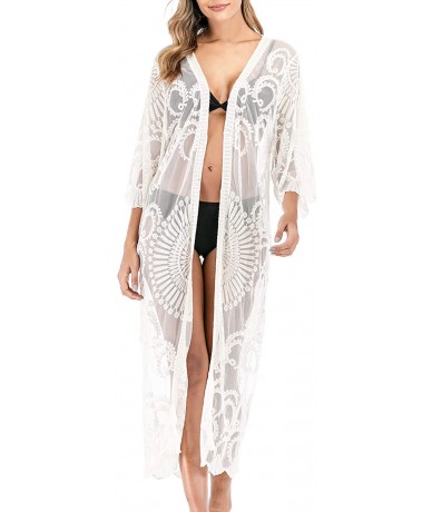 Cover-Ups Women's Sexy V Neck Half Sleeve Long Floral Embroidered Lace Kimono Cardigan Swimsuit Cover Ups - 1white - C71933K0...