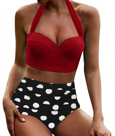 Racing Women's High Waist Bikini Swimwear Women's Vintage Print Beachwear Bikini Set Swimwear - C2-wine - CD196M0TIU2 $24.18