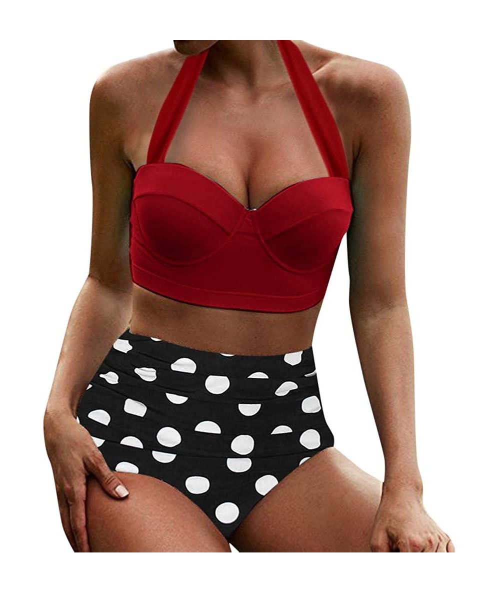 Racing Women's High Waist Bikini Swimwear Women's Vintage Print Beachwear Bikini Set Swimwear - C2-wine - CD196M0TIU2 $24.18