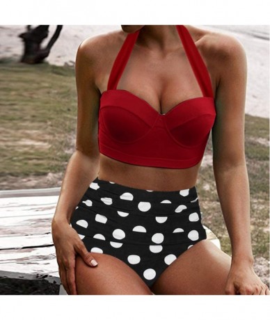 Racing Women's High Waist Bikini Swimwear Women's Vintage Print Beachwear Bikini Set Swimwear - C2-wine - CD196M0TIU2 $24.18