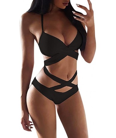 Sets Women Bikini Two Piece Lace Up Criss Cross Solid Color Bandage Swimsuit - Black - CR18NZ2QO0I $25.21