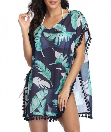 Cover-Ups Women Chiffon Tassel Swimsuit Cover Ups Beach Bathing Suit Cover Ups for Swimwear - Blue Leaves - CJ193LEH6TZ $35.86