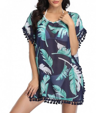 Cover-Ups Women Chiffon Tassel Swimsuit Cover Ups Beach Bathing Suit Cover Ups for Swimwear - Blue Leaves - CJ193LEH6TZ $35.86